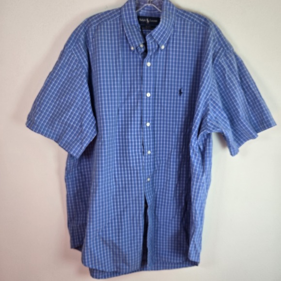 Ralph Lauren Mens Large L Blue Check Button Short Sleeve Shirt Blake Pony - Picture 2 of 8